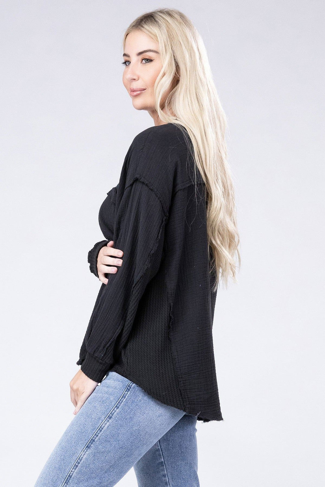 Zenana Oversized Gauze Henley Top - Inspired Eye Boutique