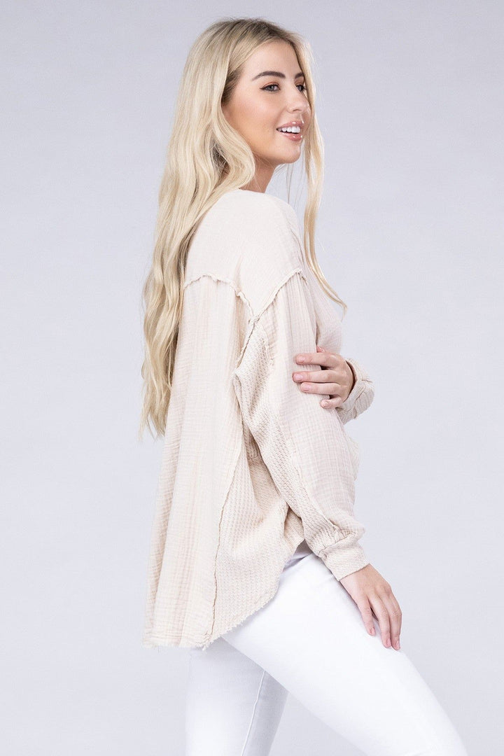 Zenana Oversized Gauze Henley Top - Inspired Eye Boutique