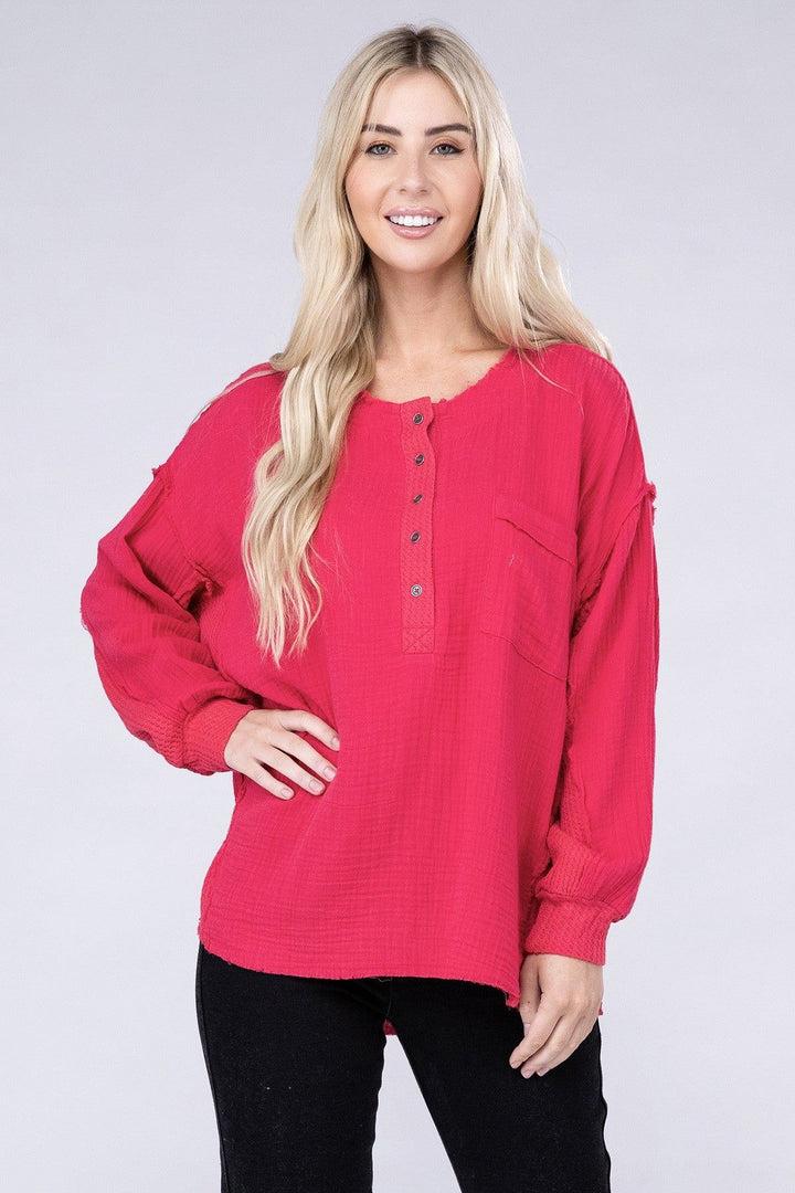 Zenana Oversized Gauze Henley Top - Inspired Eye Boutique