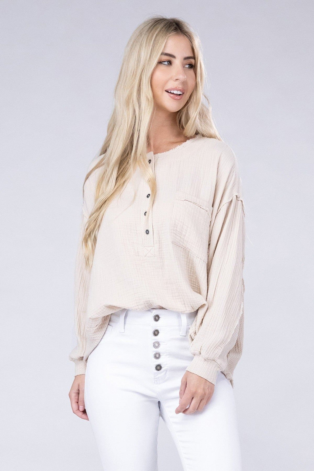 Zenana Oversized Gauze Henley Top - Inspired Eye Boutique