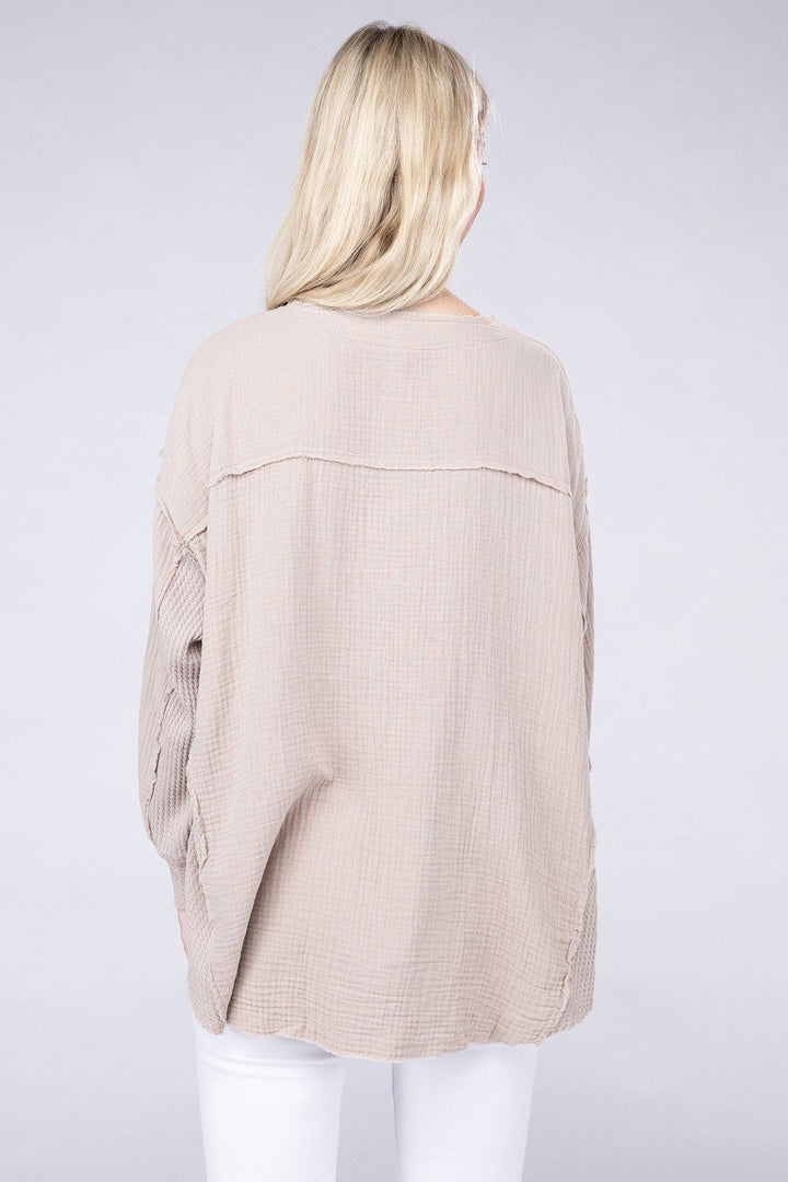 Zenana Oversized Gauze Henley Top - Inspired Eye Boutique