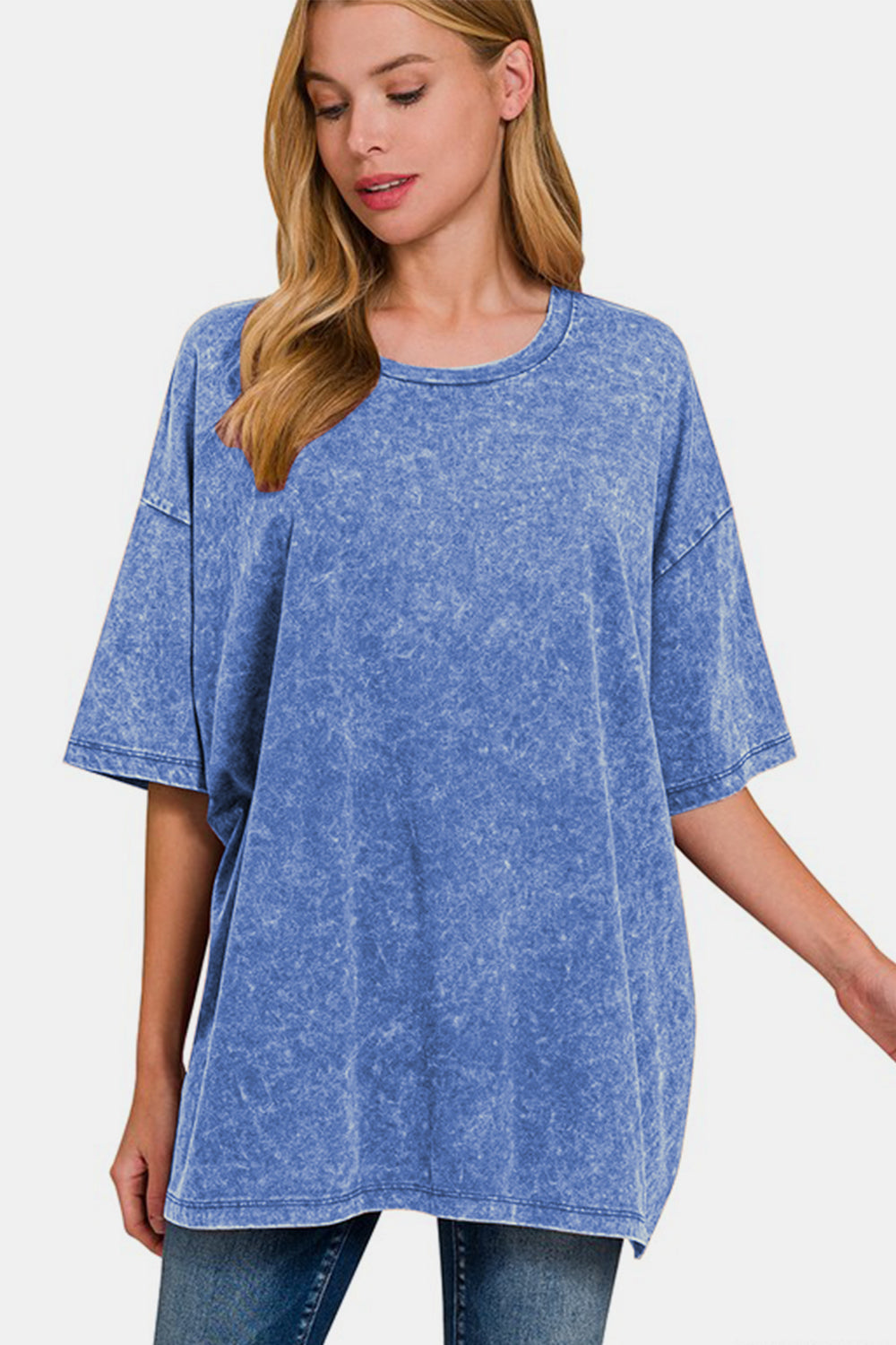 Zenana - Oversized Short Sleeve Acid Wash Tee - Blue - Inspired Eye Boutique