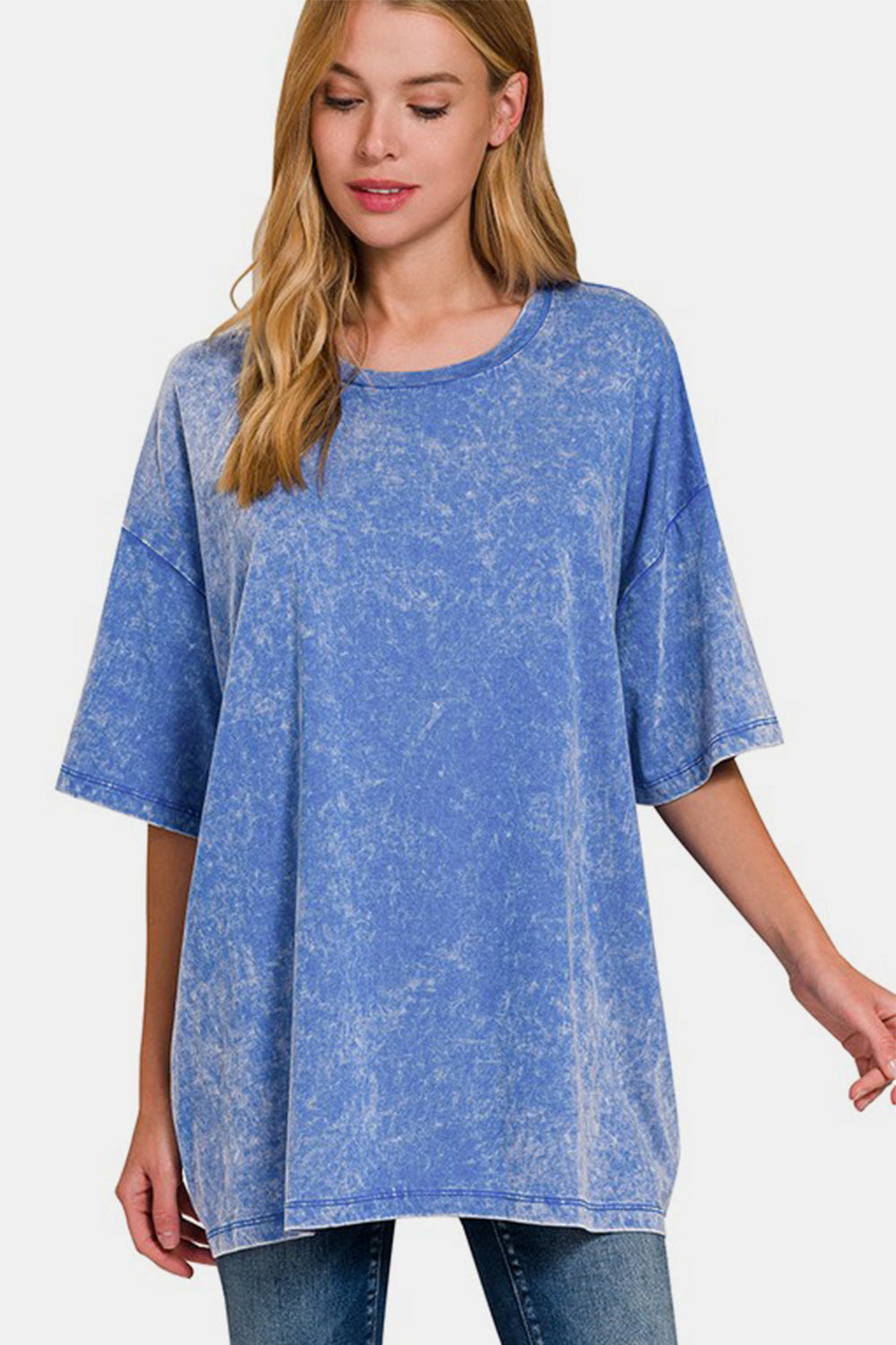 Zenana - Oversized Short Sleeve Acid Wash Tee - Blue - Inspired Eye Boutique