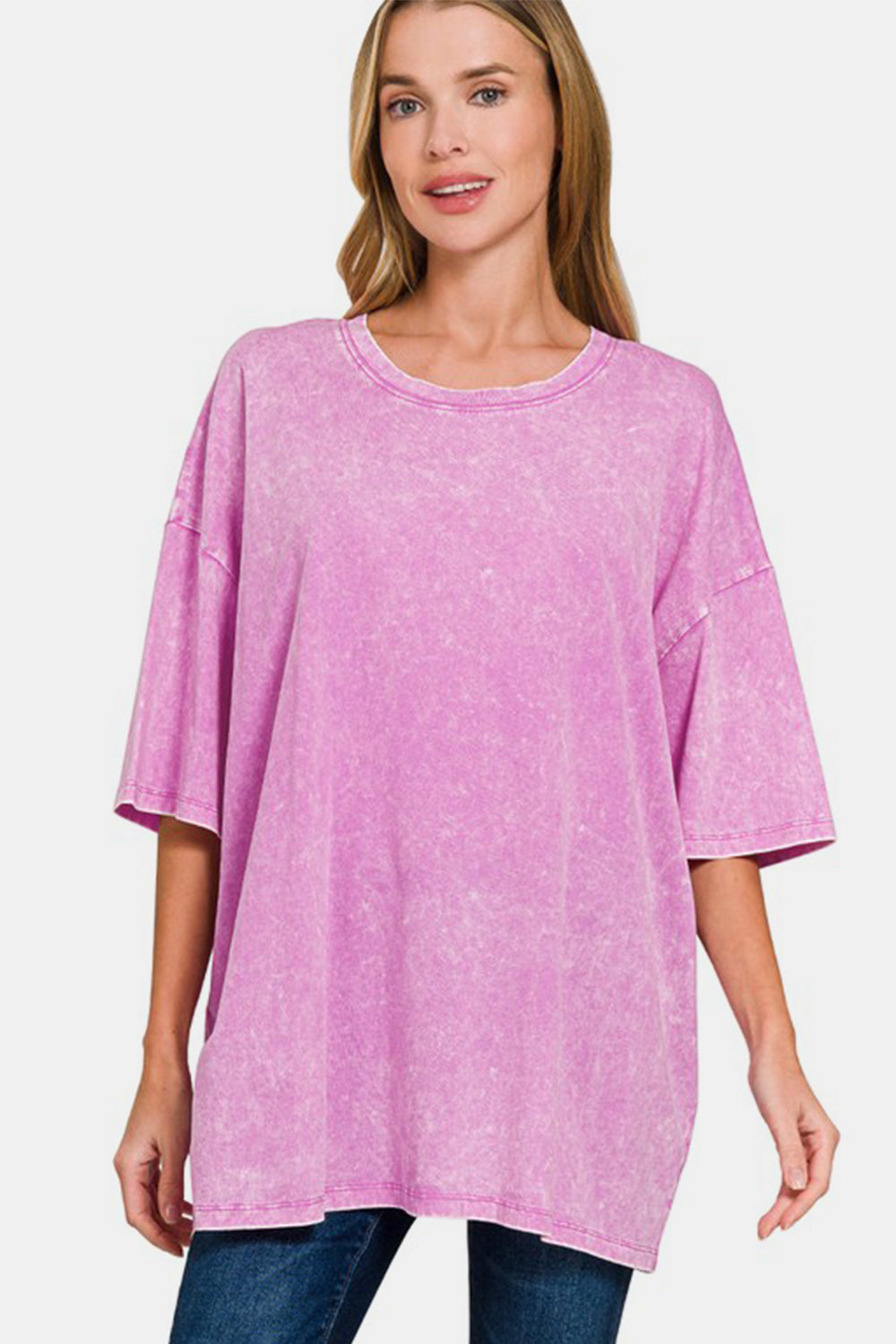 Zenana - Oversized Short Sleeve Acid Wash Tee - Mauve - Inspired Eye Boutique