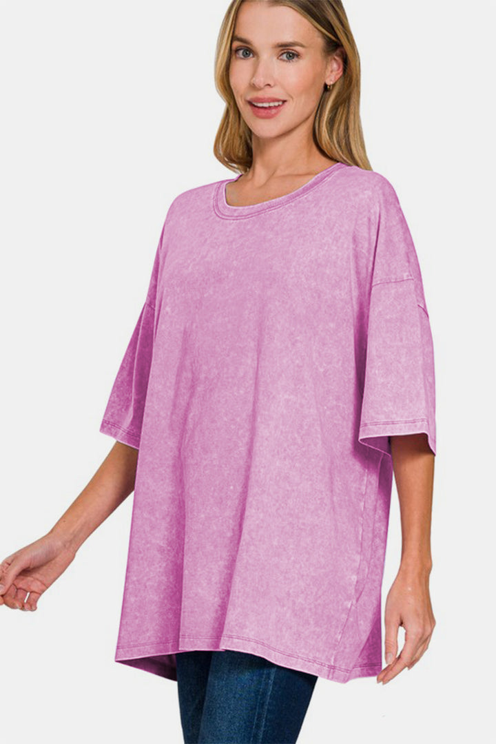 Zenana - Oversized Short Sleeve Acid Wash Tee - Mauve - Inspired Eye Boutique