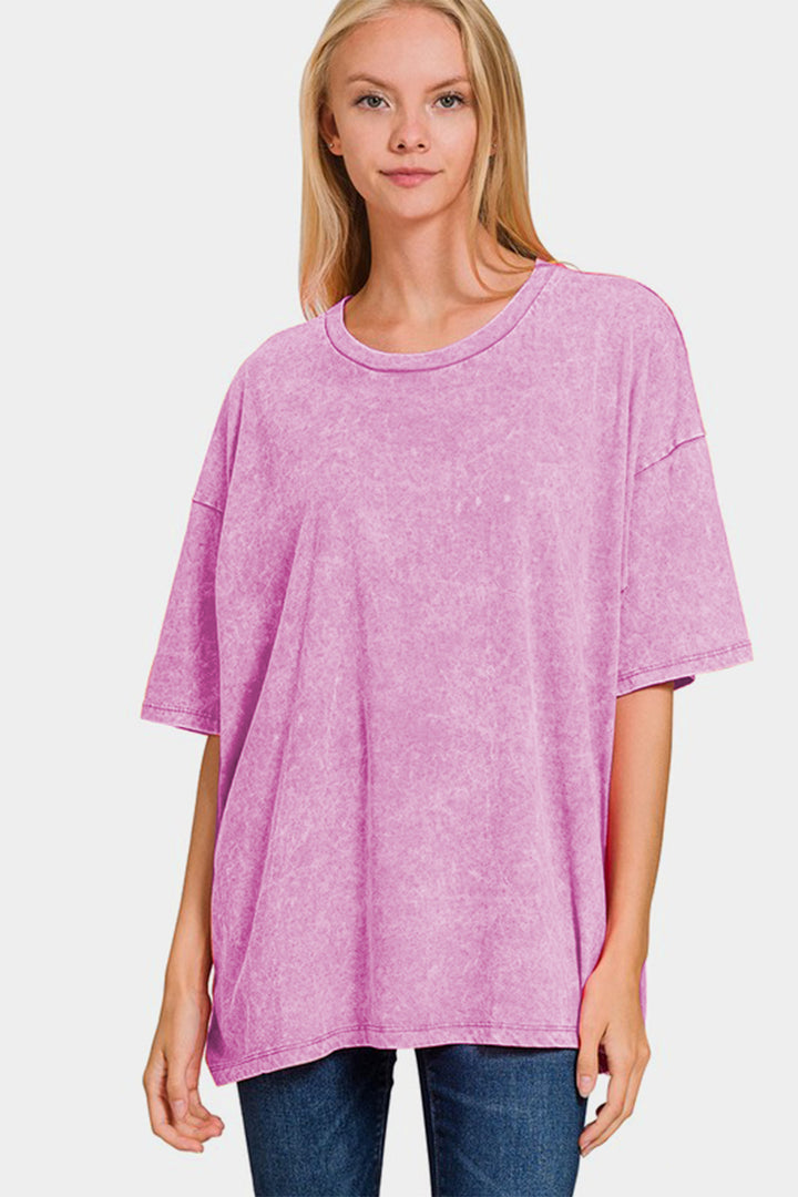 Zenana - Oversized Short Sleeve Acid Wash Tee - Mauve - Inspired Eye Boutique