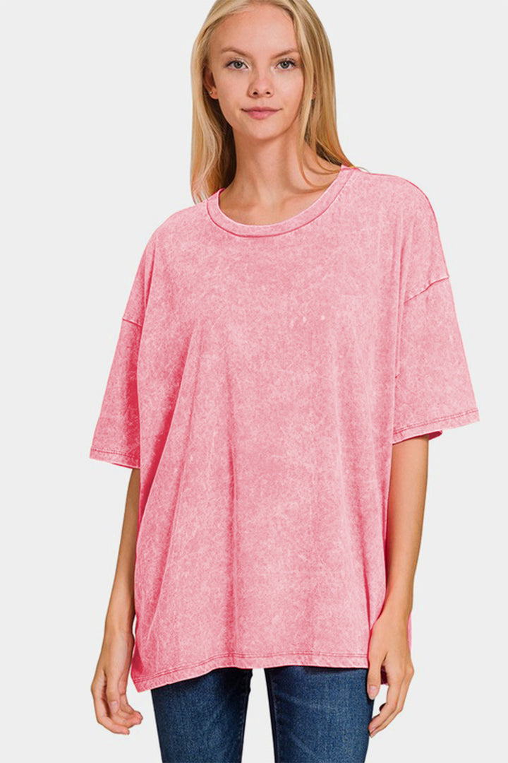 Zenana - Oversized Short Sleeve Acid Wash Tee - Pink - Inspired Eye Boutique