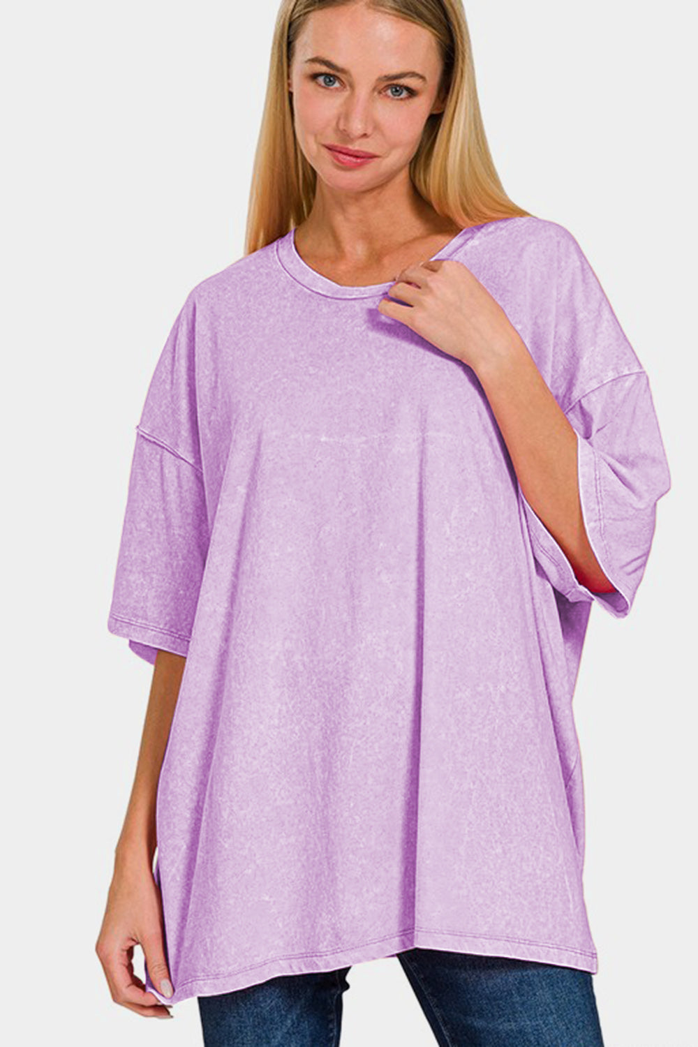 Zenana - Oversized Short Sleeve Acid Wash Tee - Purple - Inspired Eye Boutique