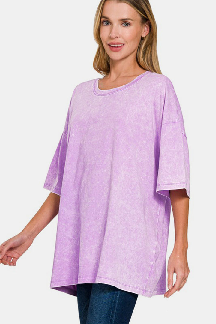 Zenana - Oversized Short Sleeve Acid Wash Tee - Purple - Inspired Eye Boutique