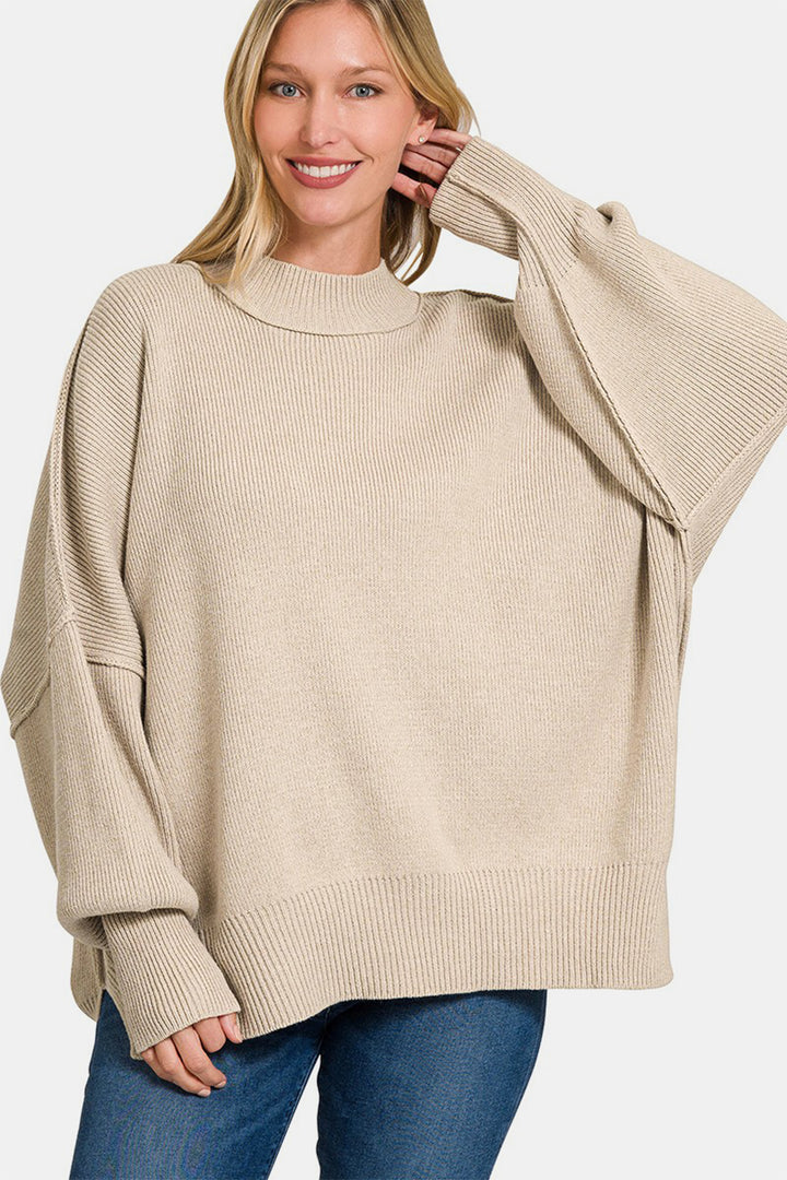 ZENANA - Oversized Side Slit Sweater - Beige - Inspired Eye Boutique