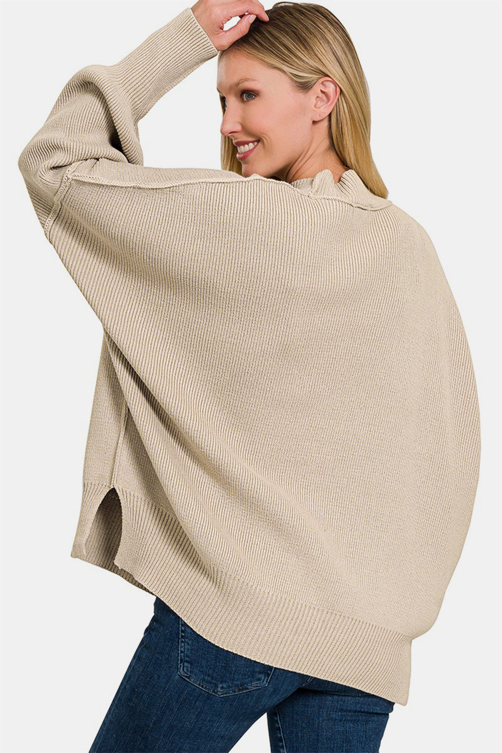 ZENANA - Oversized Side Slit Sweater - Beige - Inspired Eye Boutique