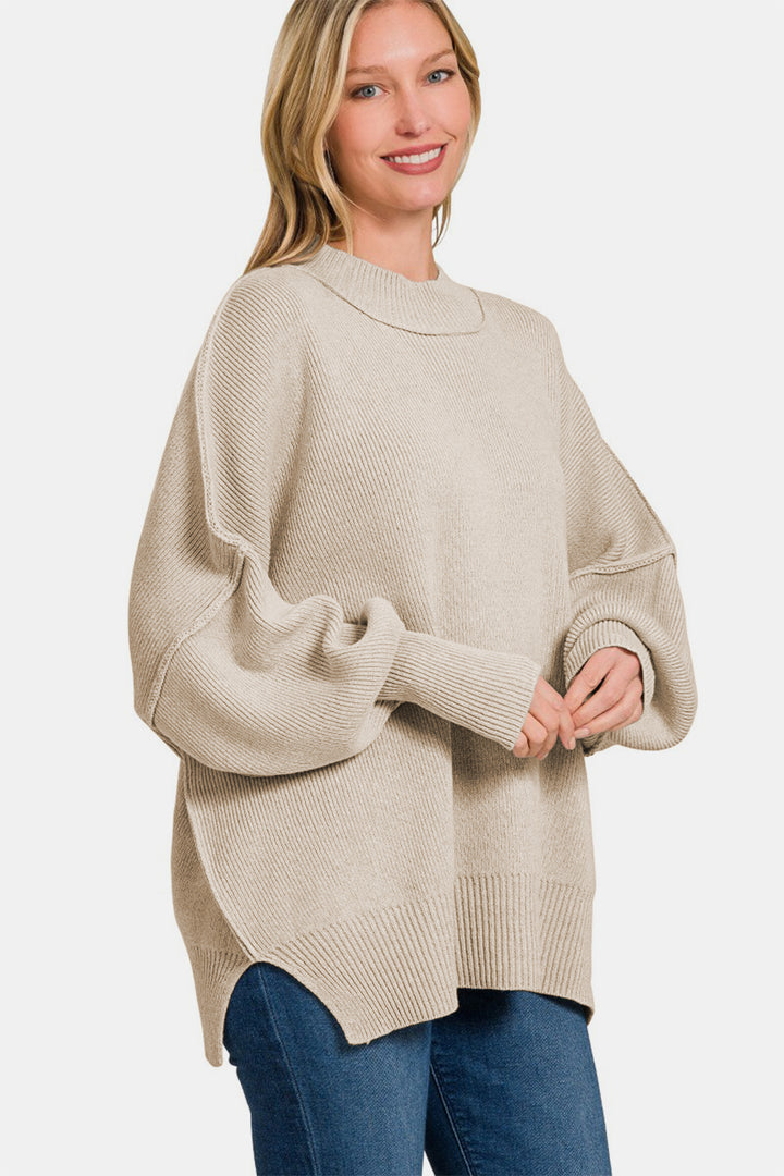 ZENANA - Oversized Side Slit Sweater - Beige - Inspired Eye Boutique