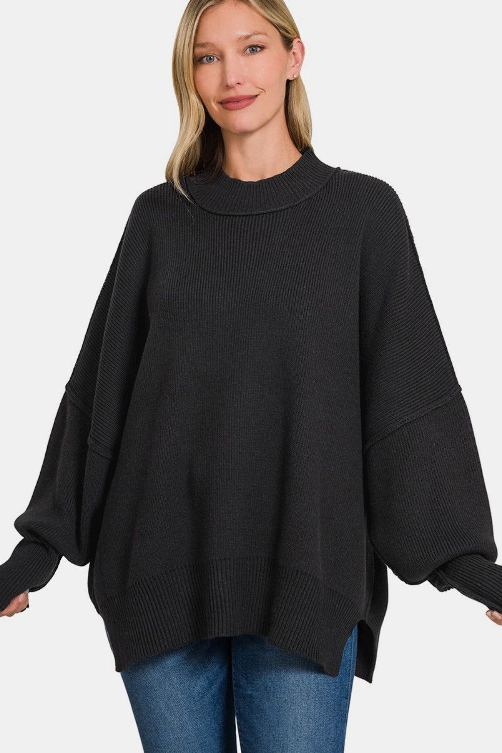 ZENANA - Oversized Side Slit Sweater - Black - Inspired Eye Boutique