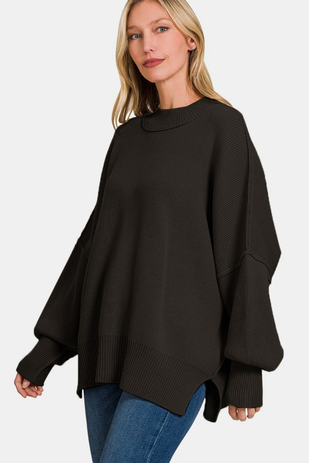 ZENANA - Oversized Side Slit Sweater - Black - Inspired Eye Boutique