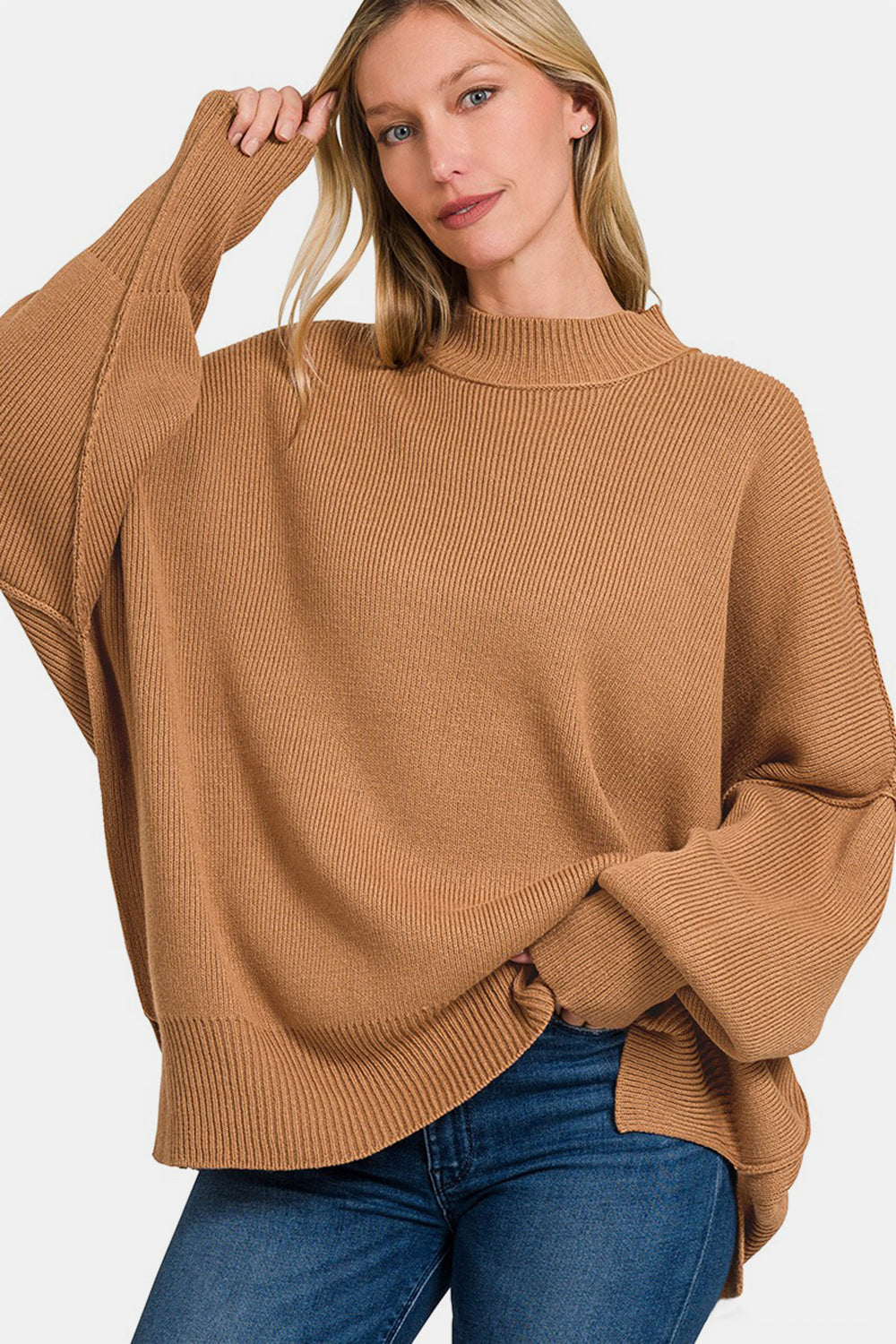 ZENANA - Oversized Side Slit Sweater - Camel - Inspired Eye Boutique