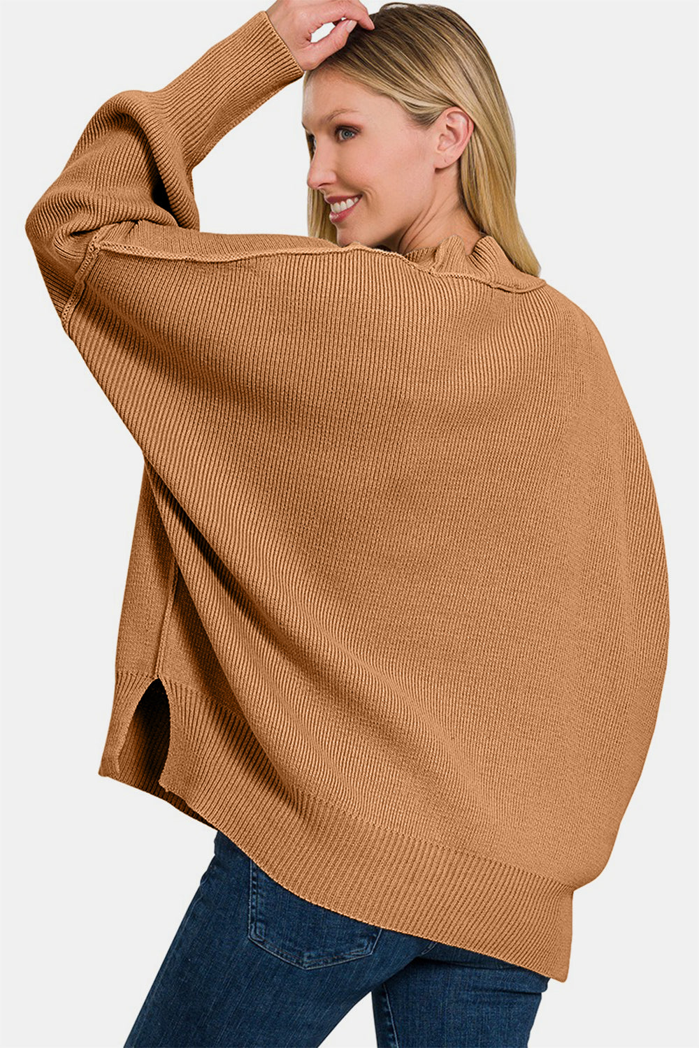 ZENANA - Oversized Side Slit Sweater - Camel - Inspired Eye Boutique