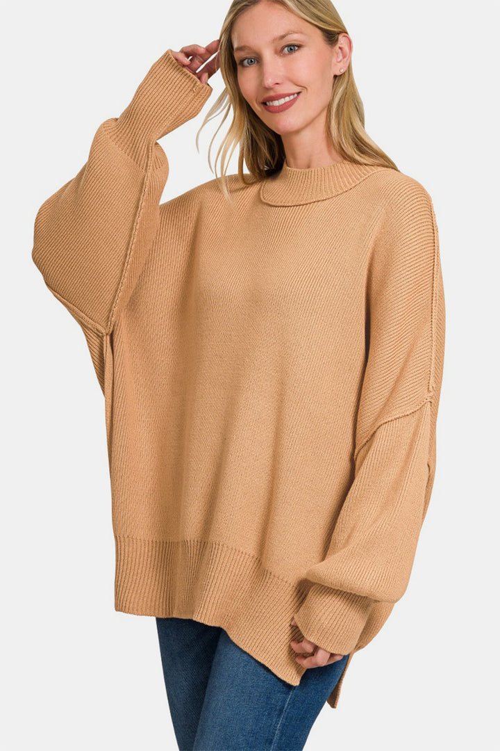 ZENANA - Oversized Side Slit Sweater - Dk Brush - Inspired Eye Boutique