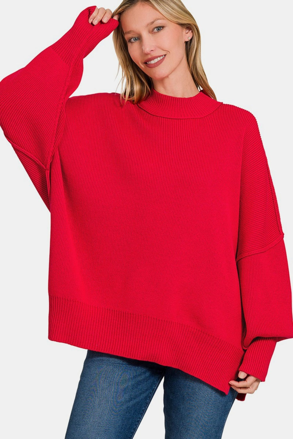 ZENANA - Oversized Side Slit Sweater - Ruby - Inspired Eye Boutique