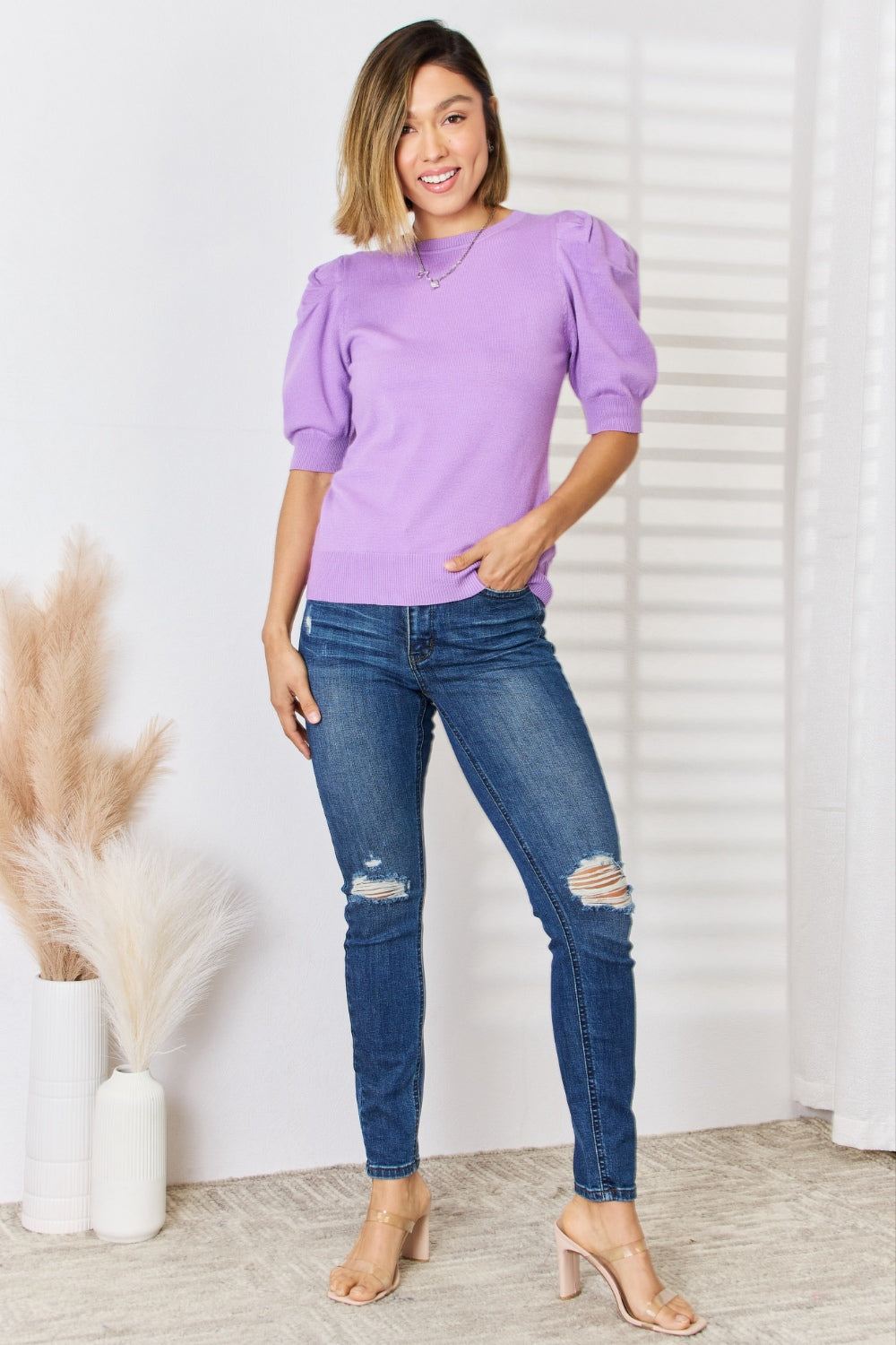 Zenana Puff Sleeve Sweater - Lavender - Inspired Eye Boutique