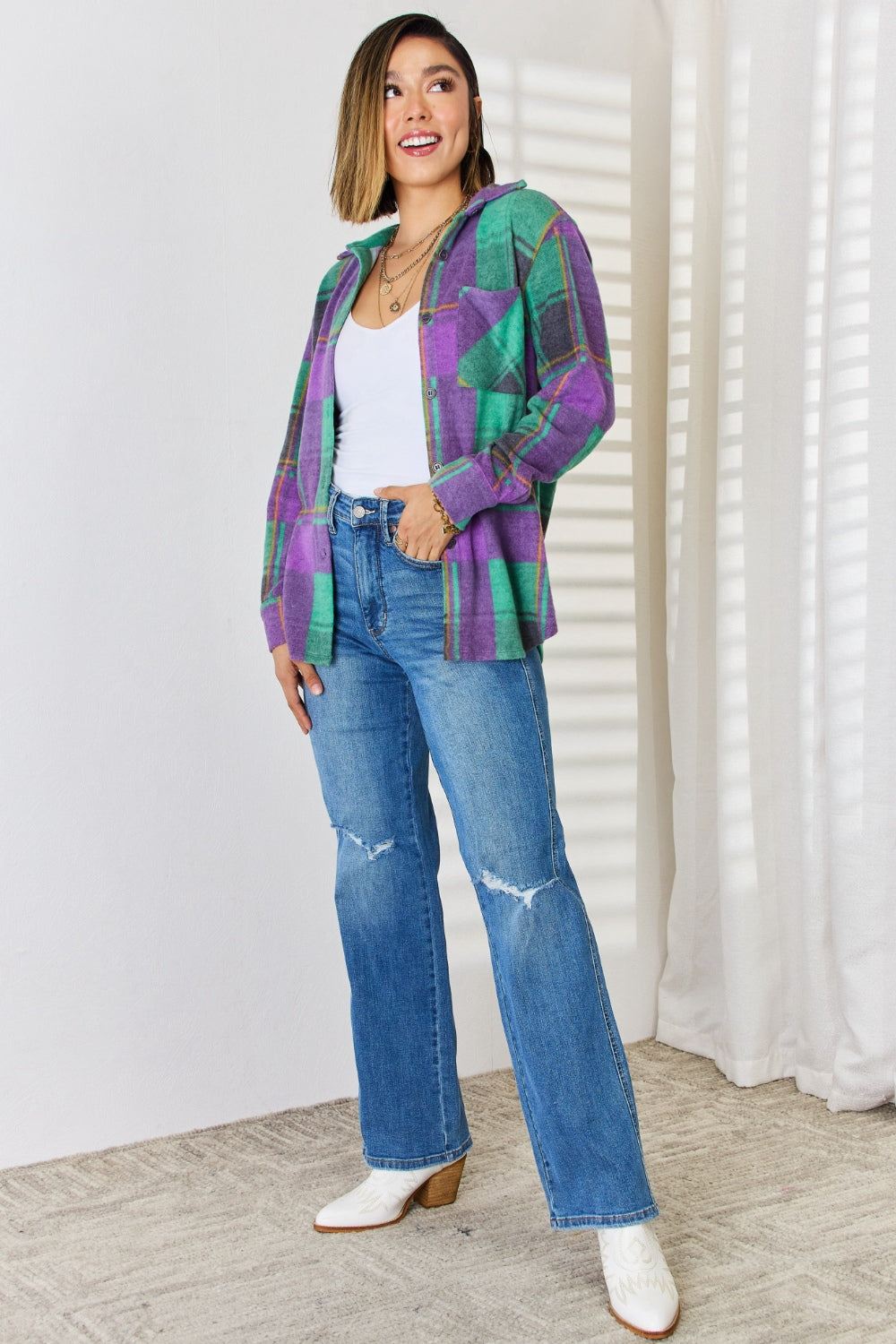 Zenana Purple Green Plaid Button Up Shacket - Inspired Eye Boutique