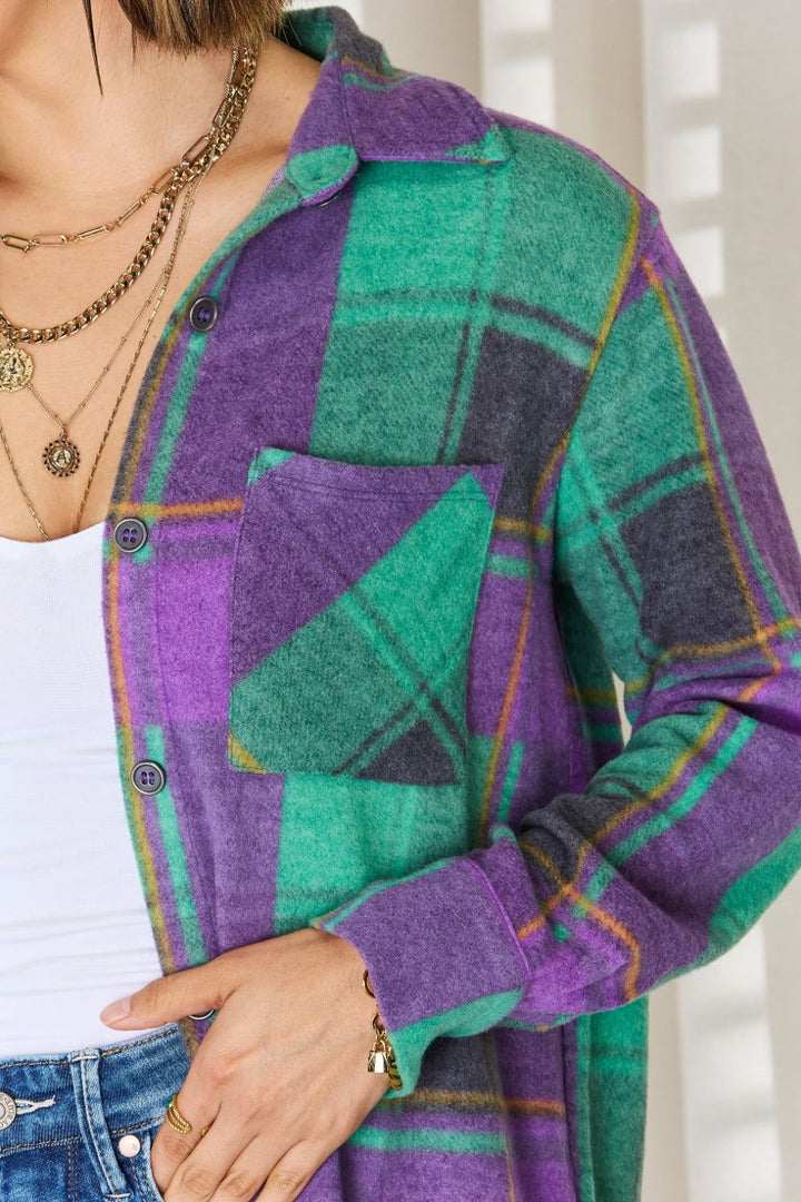 Zenana Purple Green Plaid Button Up Shacket - Inspired Eye Boutique