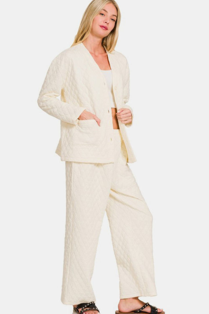 Zenana - Quilted Button Front Jacket and Pants Set - Cream - Inspired Eye Boutique