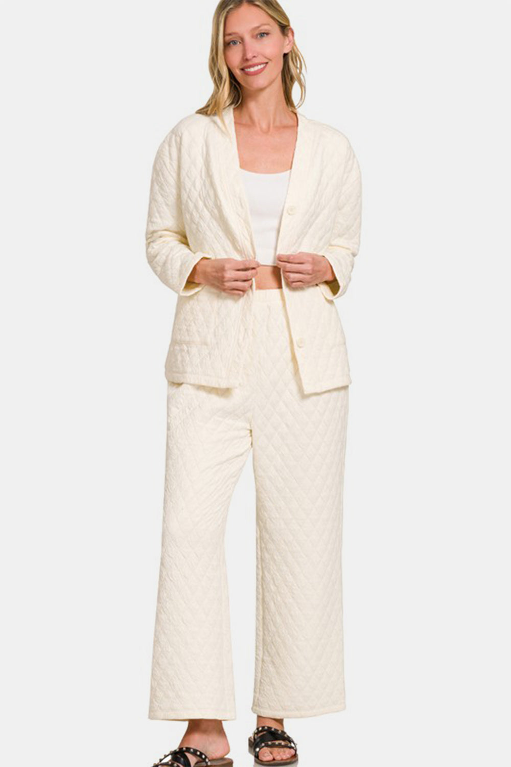 Zenana - Quilted Button Front Jacket and Pants Set - Cream - Inspired Eye Boutique