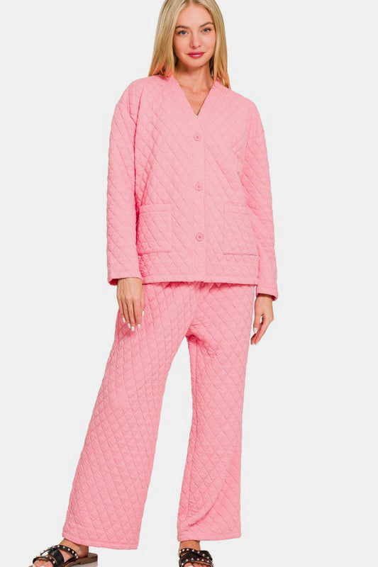 Zenana - Quilted Button Front Jacket and Pants Set - Dk Pink - Inspired Eye Boutique