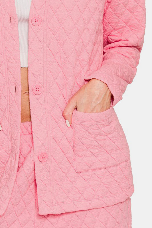 Zenana - Quilted Button Front Jacket and Pants Set - Dk Pink - Inspired Eye Boutique