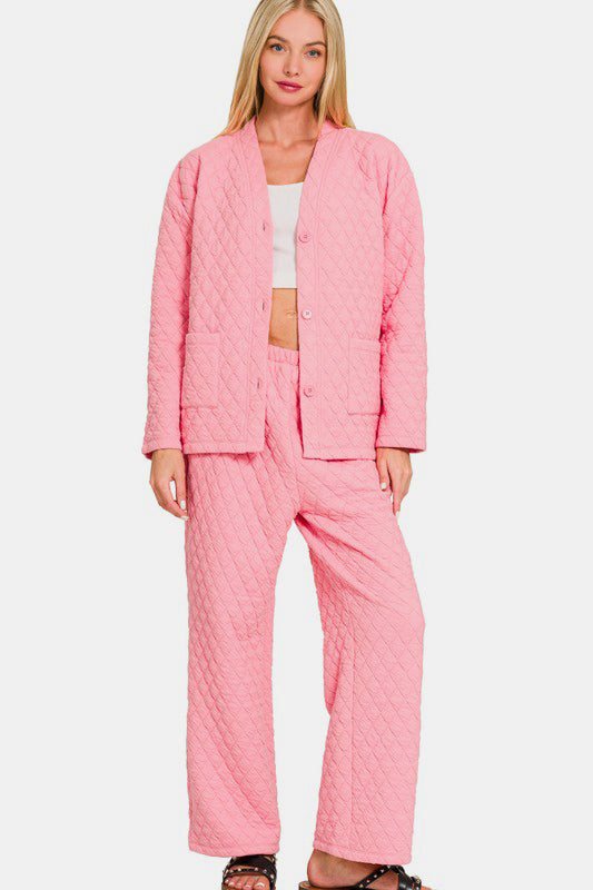 Zenana - Quilted Button Front Jacket and Pants Set - Dk Pink - Inspired Eye Boutique