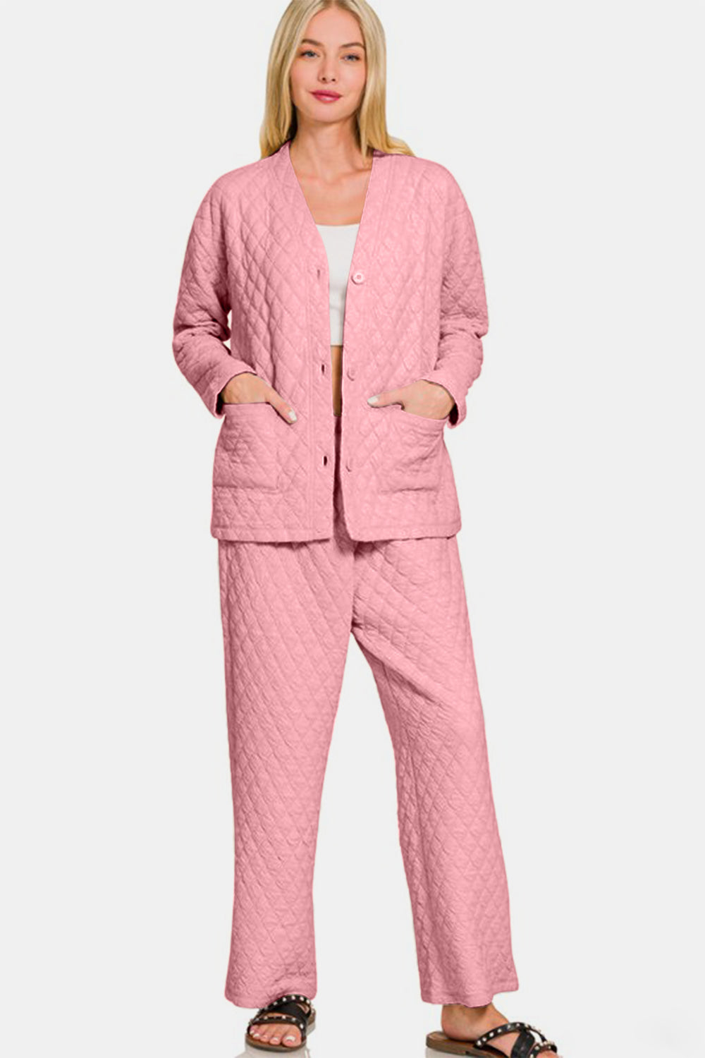 Zenana - Quilted Button Front Jacket and Pants Set - Dusty Pink - Inspired Eye Boutique