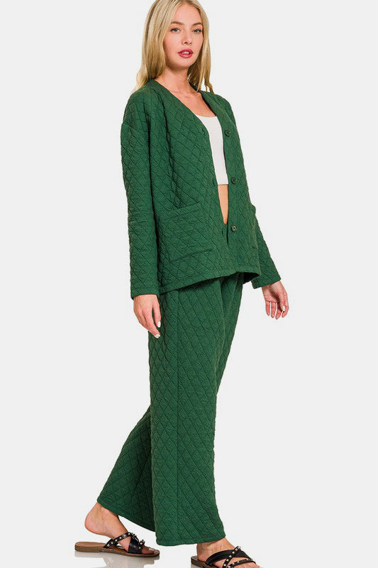 Zenana - Quilted Button Front Jacket and Pants Set - Green - Inspired Eye Boutique