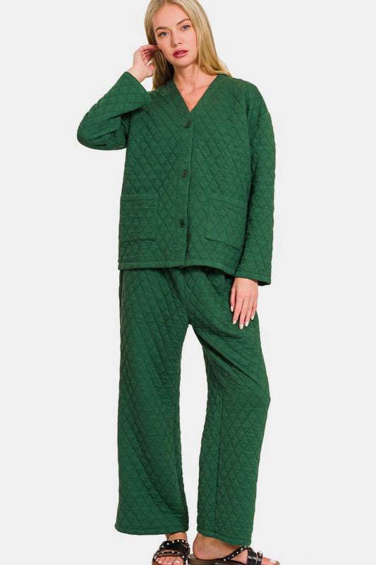 Zenana - Quilted Button Front Jacket and Pants Set - Green - Inspired Eye Boutique