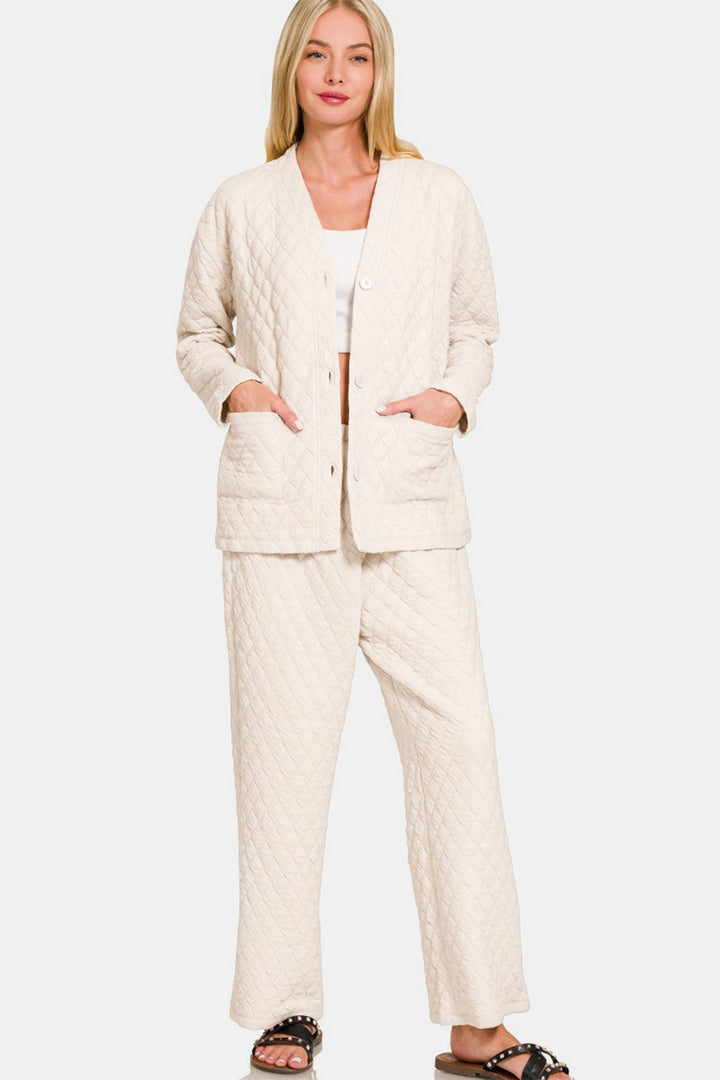 Zenana - Quilted Button Front Jacket and Pants Set - Sand Beige - Inspired Eye Boutique