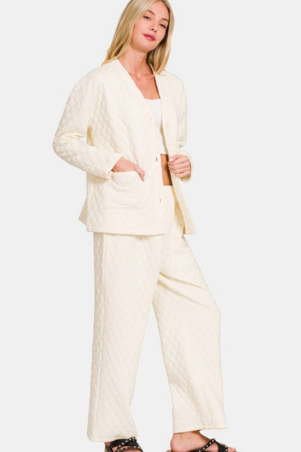 Zenana - Quilted Button Front Jacket and Pants Set - Sand Beige - Inspired Eye Boutique