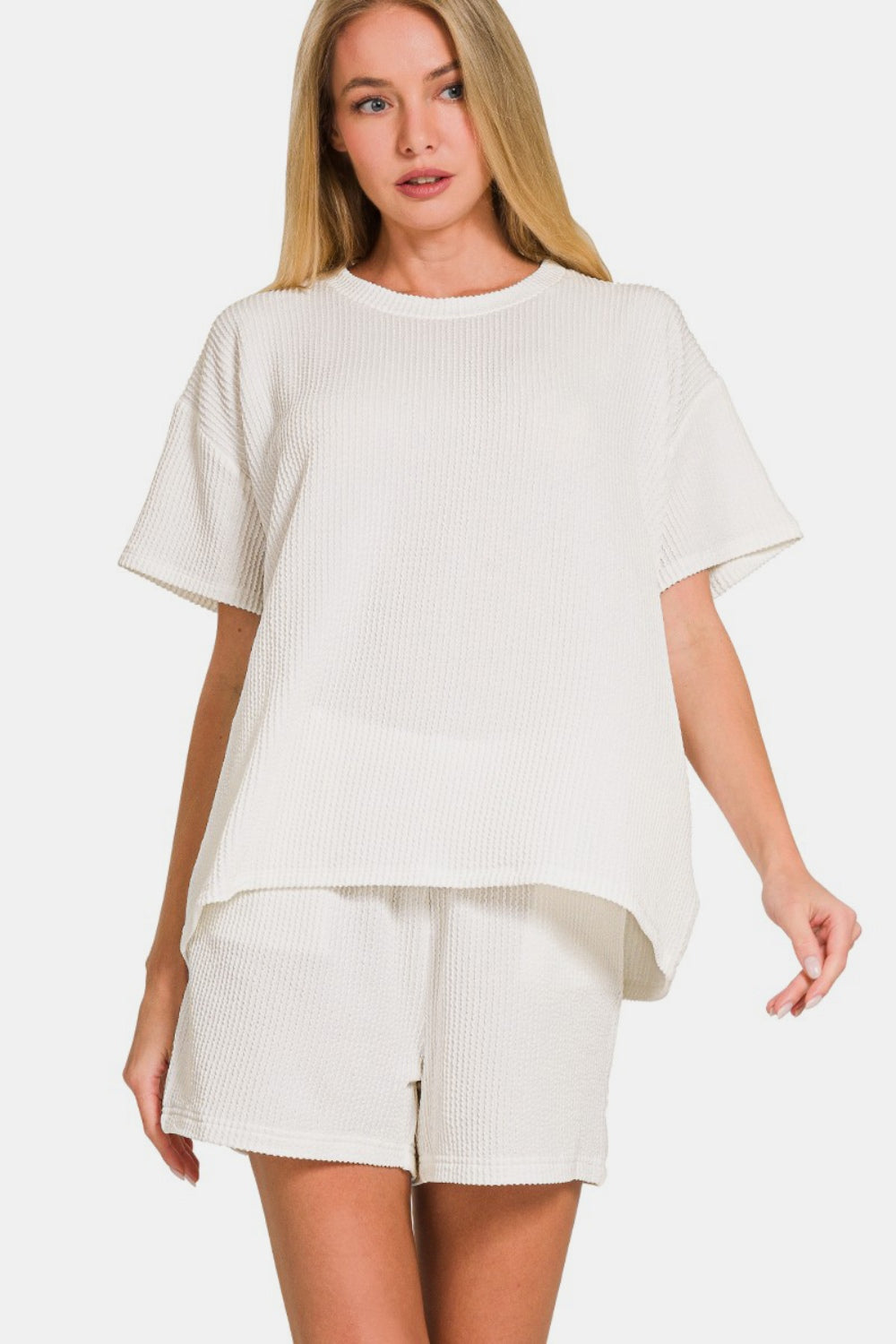 Zenana Rib - Ribbed Short Sleeve Lounge Set - Off White - Inspired Eye Boutique