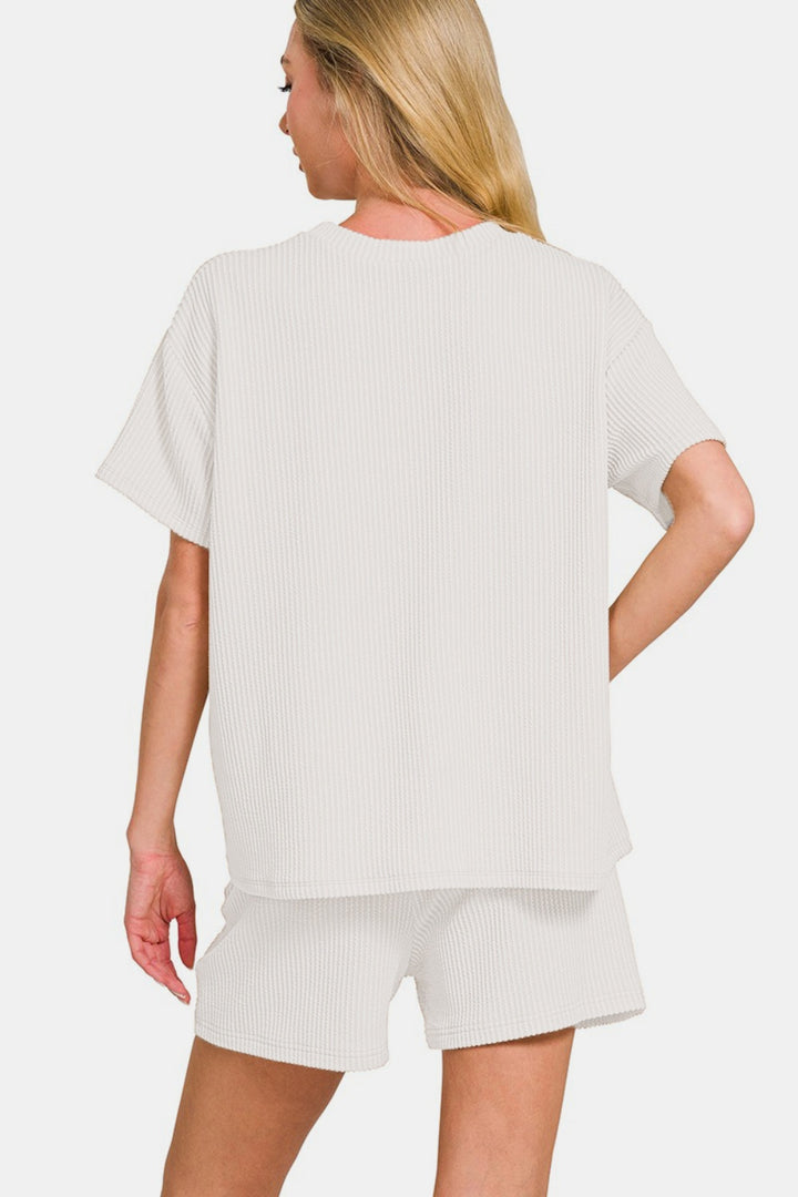 Zenana Rib - Ribbed Short Sleeve Lounge Set - Off White - Inspired Eye Boutique