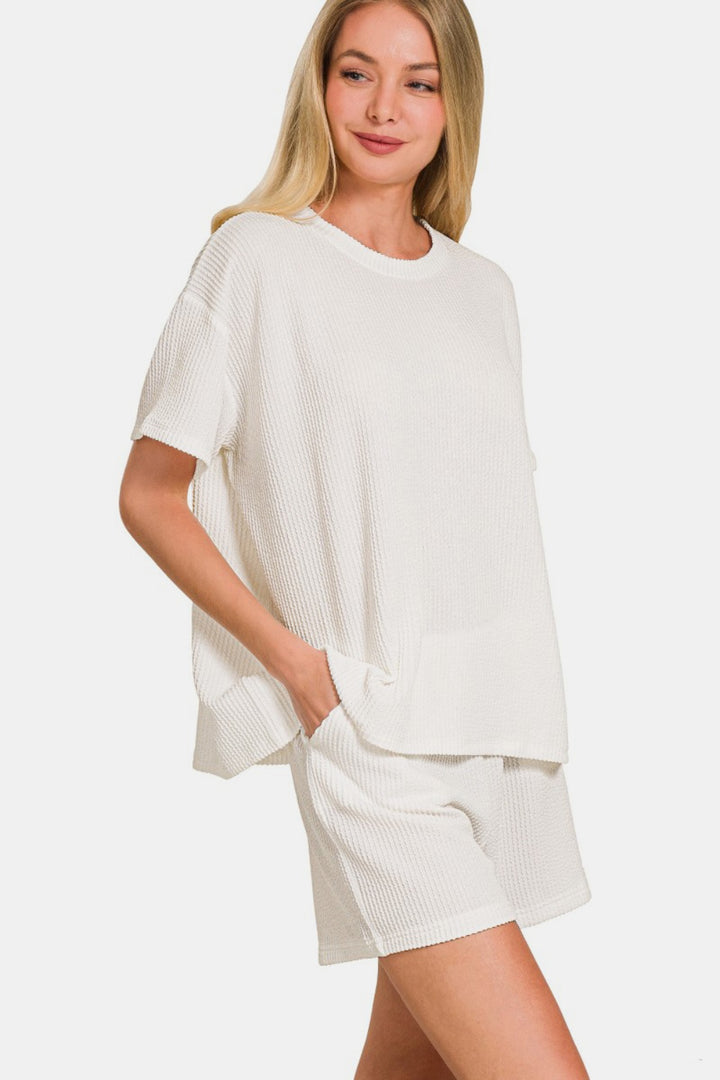 Zenana Rib - Ribbed Short Sleeve Lounge Set - Off White - Inspired Eye Boutique