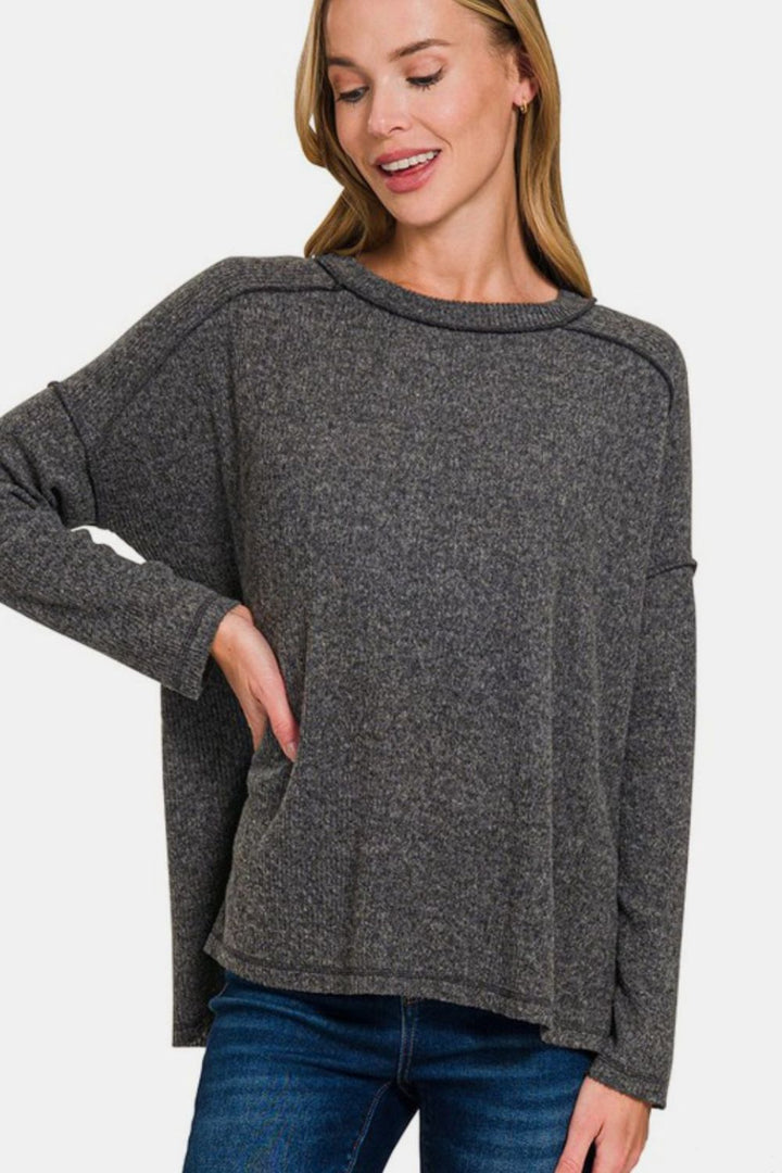 Zenana - Ribbed Hacci High-Low Sweater - Black - Inspired Eye Boutique