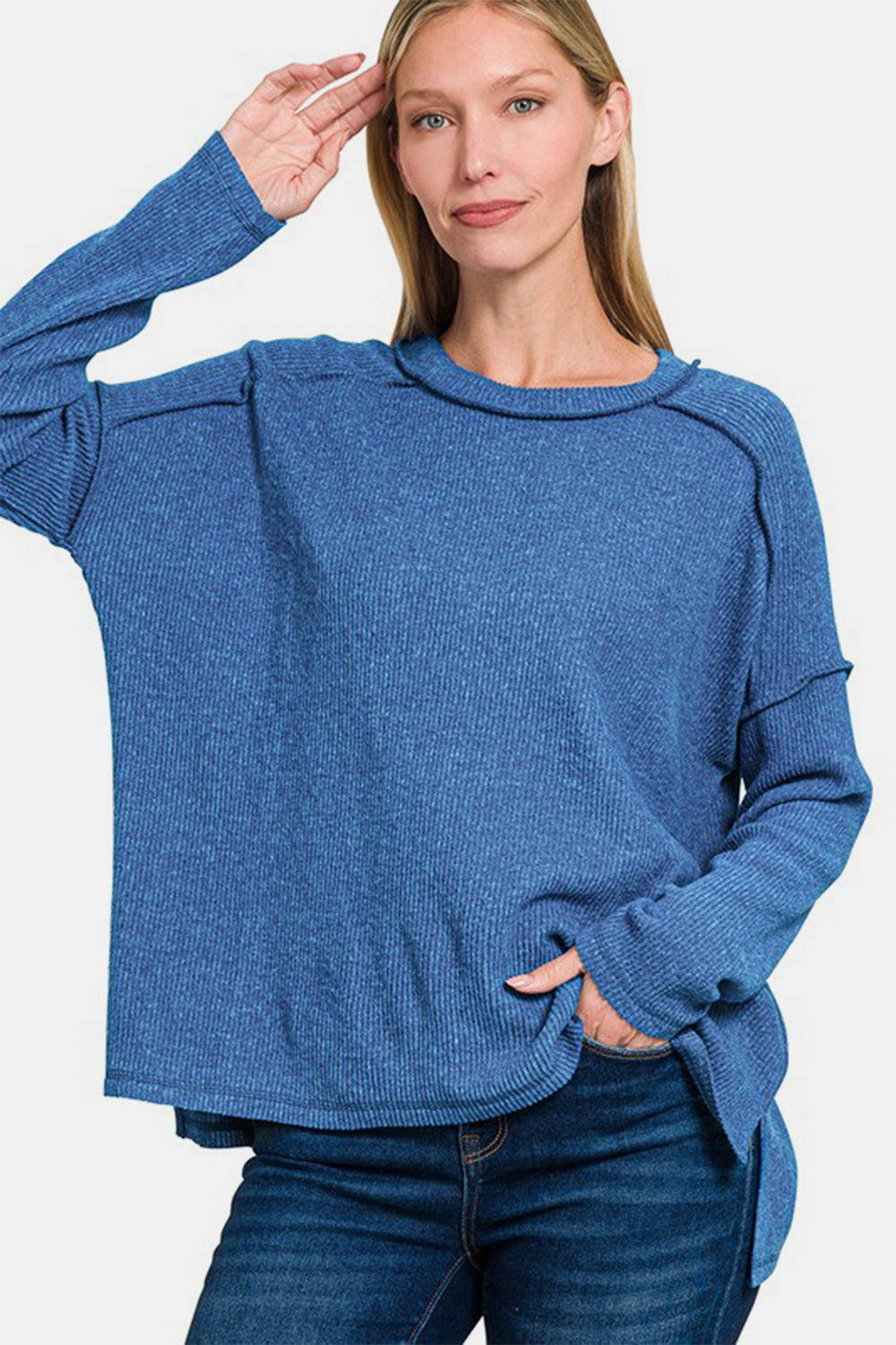 Zenana - Ribbed Hacci High-Low Sweater - Navy - Inspired Eye Boutique