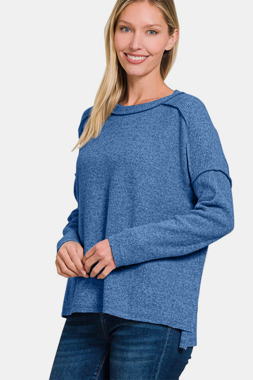 Zenana - Ribbed Hacci High-Low Sweater - Navy - Inspired Eye Boutique