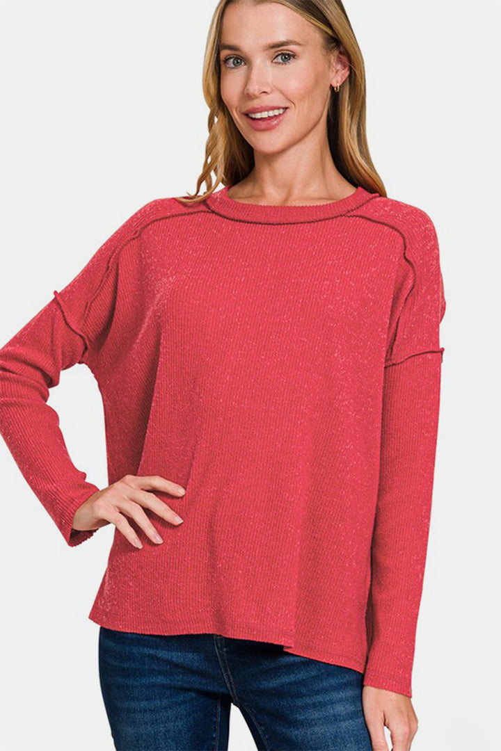 Zenana - Ribbed Hacci High-Low Sweater - Red - Inspired Eye Boutique