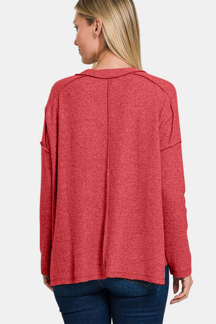 Zenana - Ribbed Hacci High-Low Sweater - Red - Inspired Eye Boutique