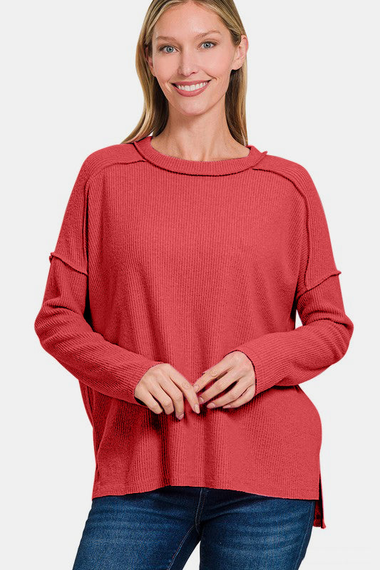 Zenana - Ribbed Hacci High-Low Sweater - Red - Inspired Eye Boutique