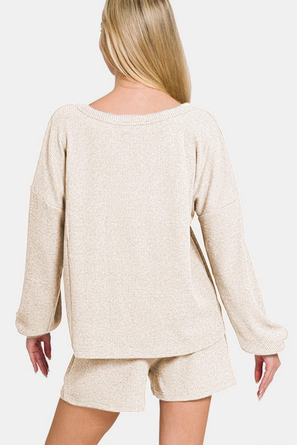 Zenana - Ribbed Long Sleeve Top and Shorts Set - Beige - Inspired Eye Boutique