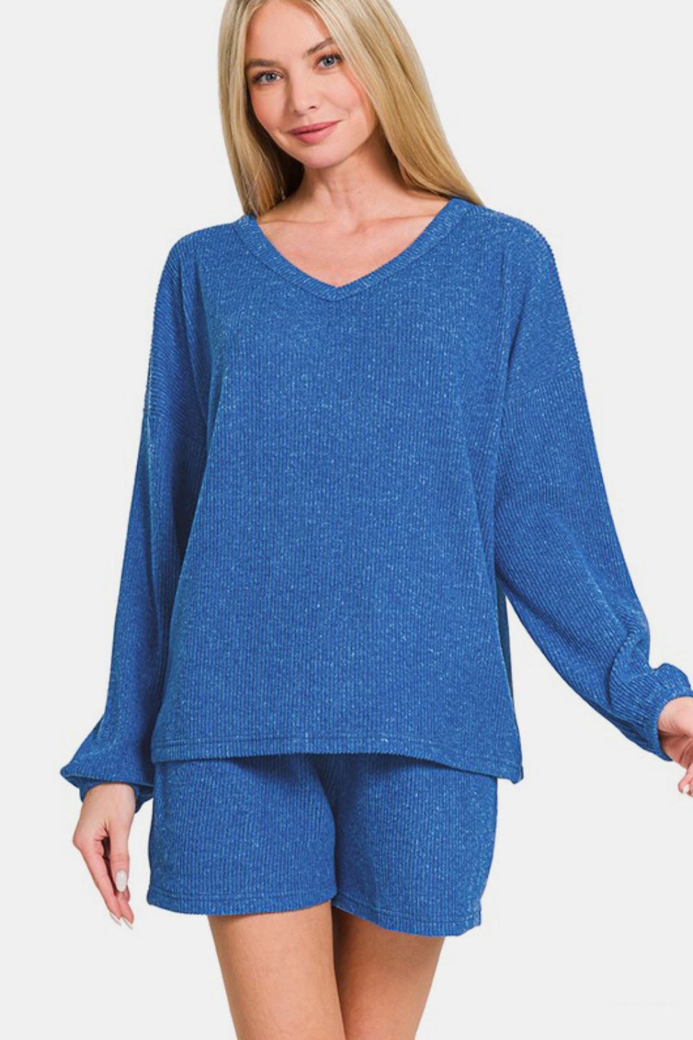 Zenana - Ribbed Long Sleeve Top and Shorts Set - Blue - Inspired Eye Boutique