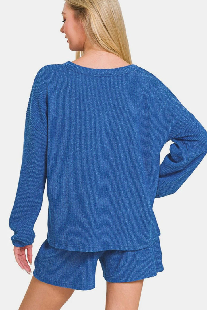 Zenana - Ribbed Long Sleeve Top and Shorts Set - Blue - Inspired Eye Boutique