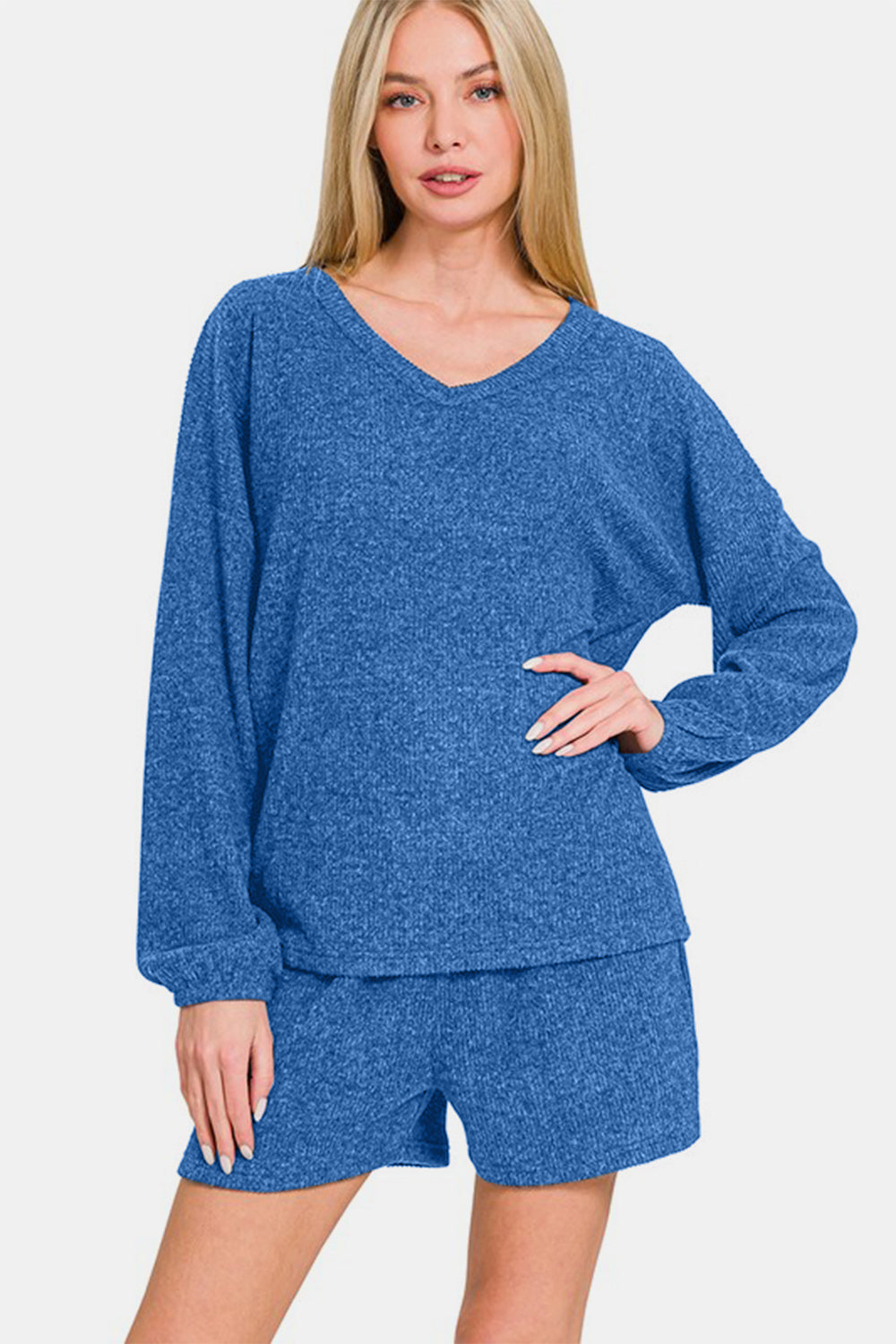 Zenana - Ribbed Long Sleeve Top and Shorts Set - Blue - Inspired Eye Boutique