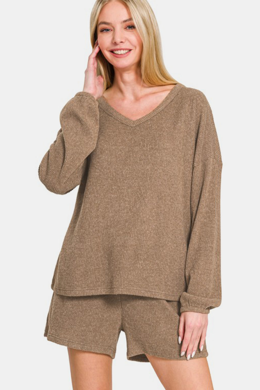 Zenana - Ribbed Long Sleeve Top and Shorts Set - Camel - Inspired Eye Boutique