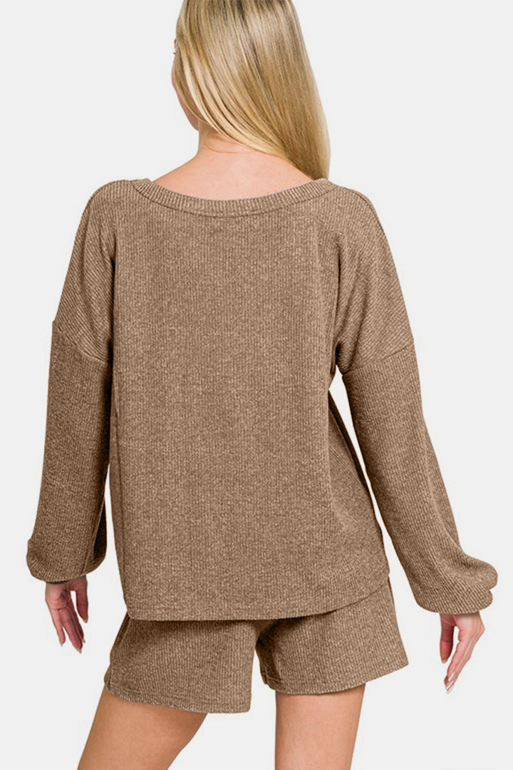 Zenana - Ribbed Long Sleeve Top and Shorts Set - Camel - Inspired Eye Boutique